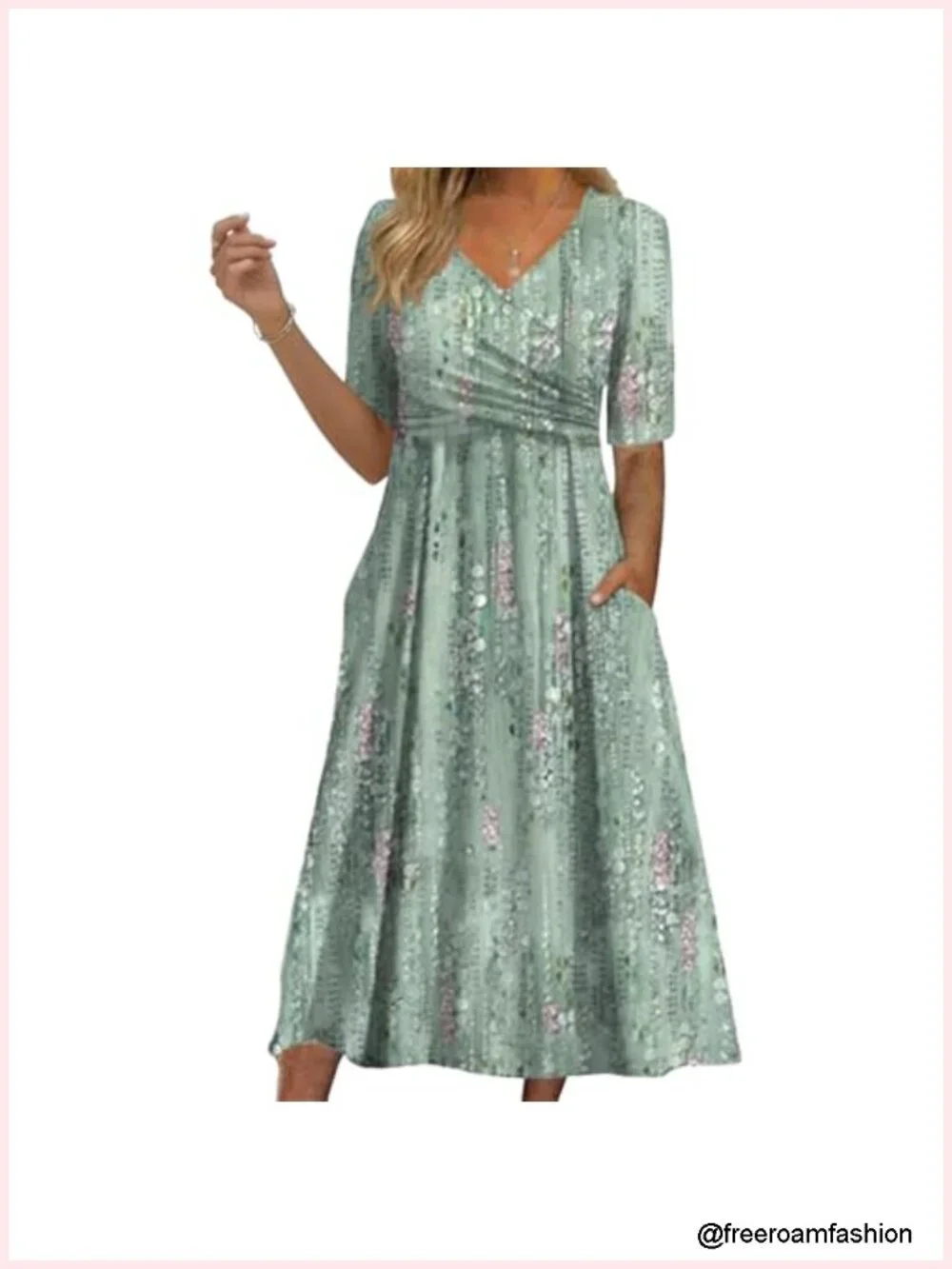 Women's Boho 3/4 Sleeve Midi Dress with Pockets Flowy A-Line